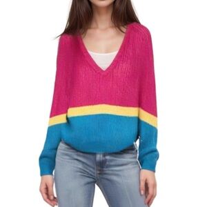 Vintage 80s AVERROE Color block stripe V Neck Slouchy Oversized Knit Sweater